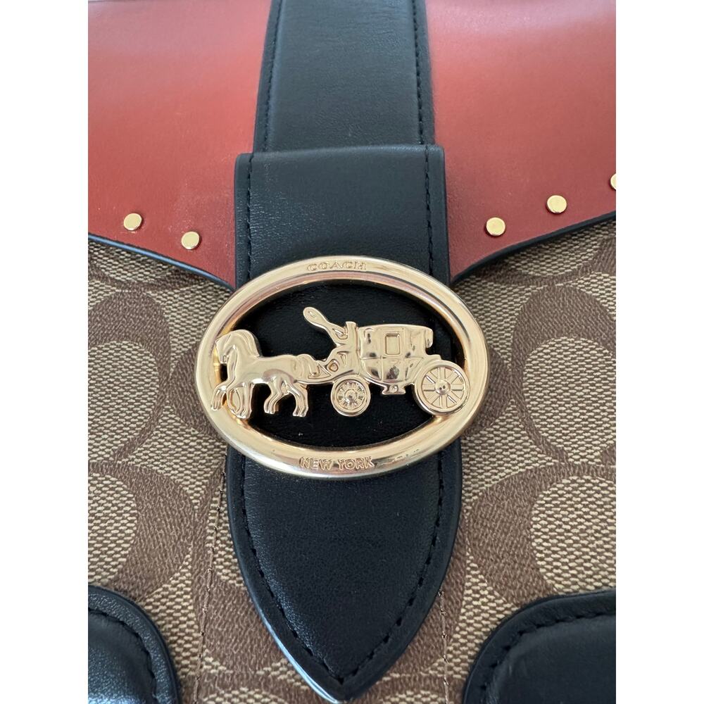 Coach Georgie Saddle Bag In Colorblock Signature Canvas Rivets $398 C3593 - Picture 3 of 12